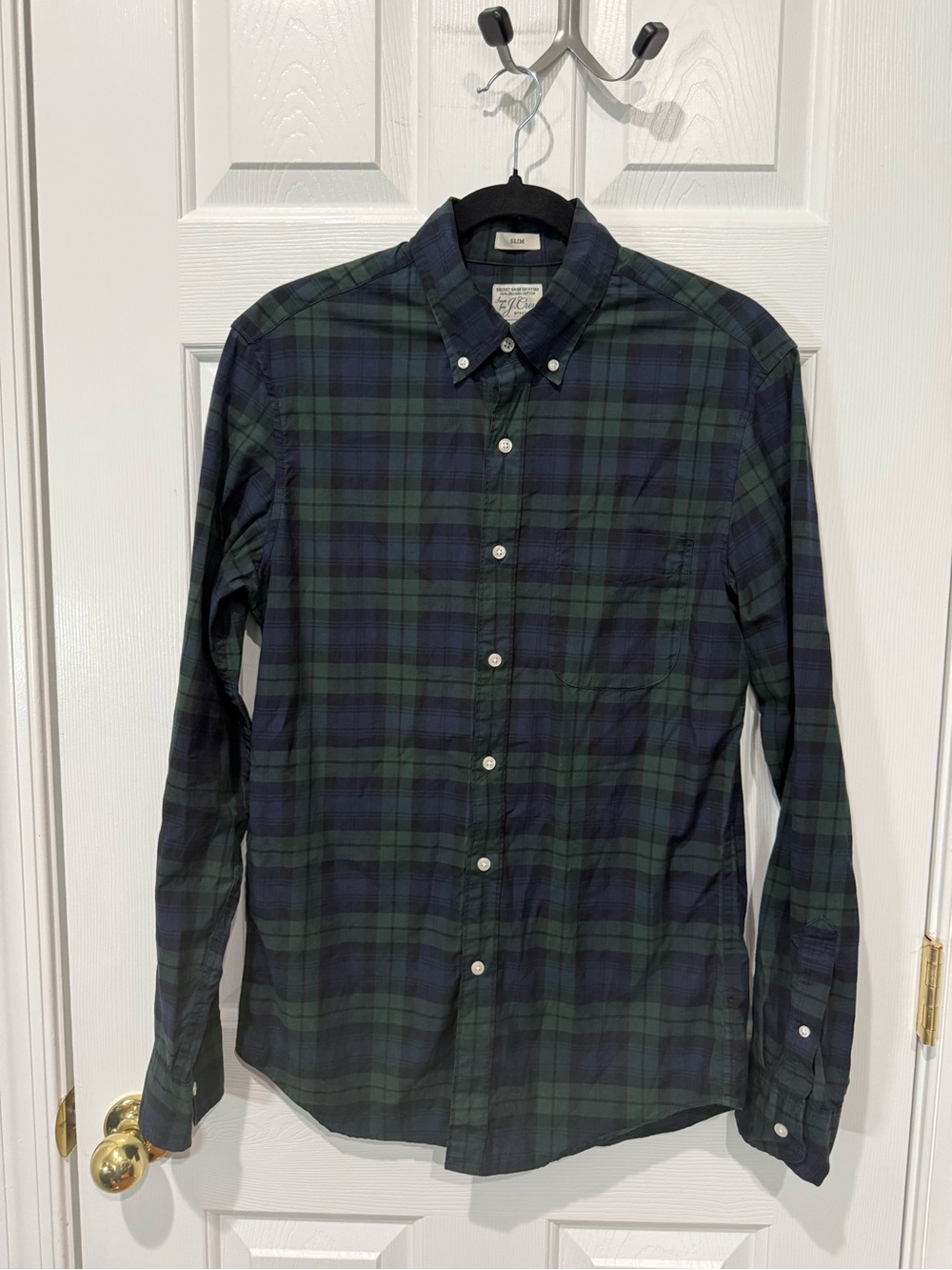 J. Crew Secret Wash Shirting Green and Navy Plaid Button-Down Shirt Slim